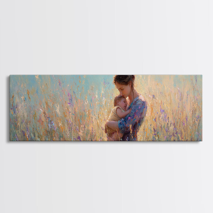 Mother Holding Newborn In Pastel Meadow Wall Art, Impressionist Floral Canvas Print, Baby Nursery Decor Gift For Mom And Her