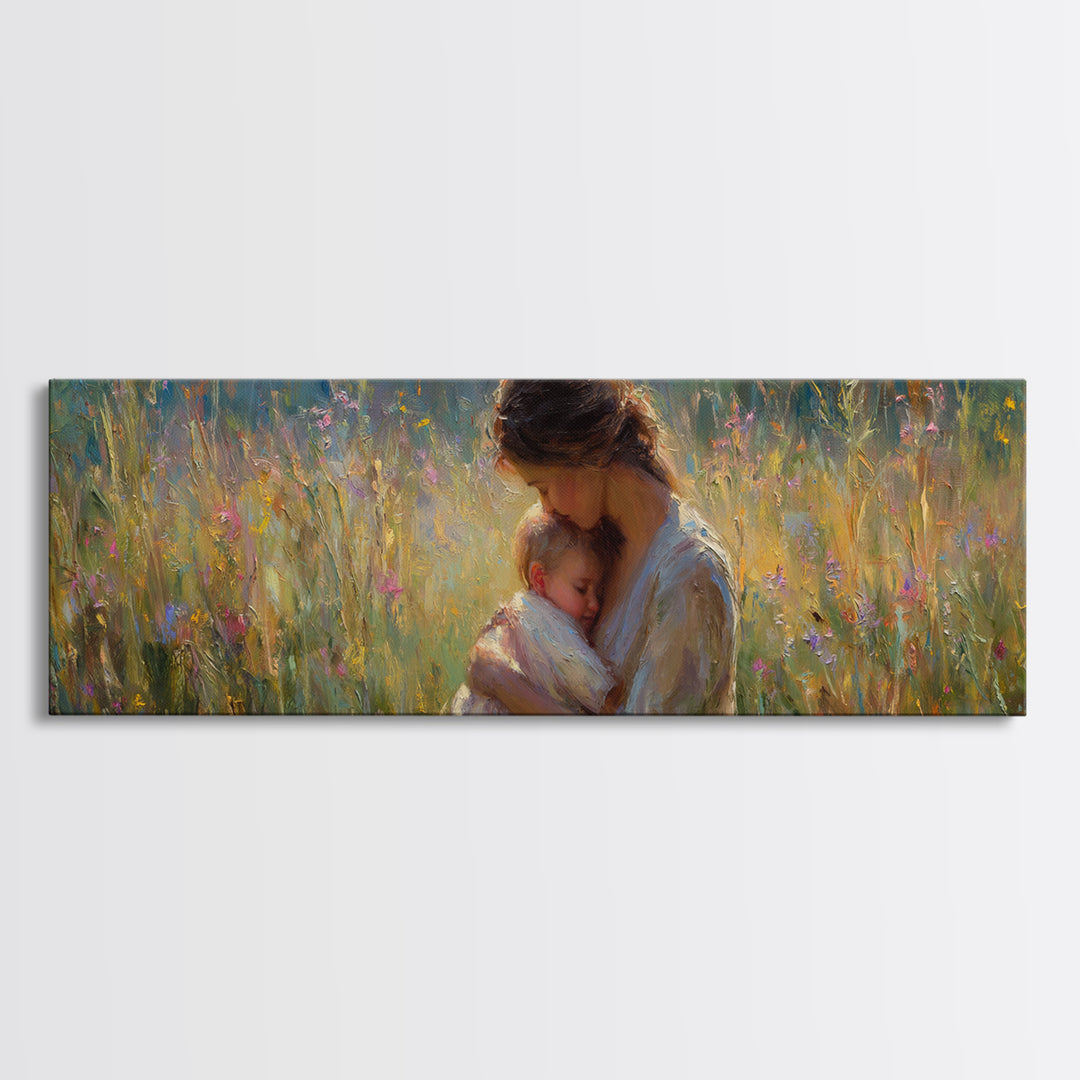 Mother And Sleeping Baby In Glowing Meadow Wall Art, Impressionist Framed Canvas Print, Nursery Decor Gift For Mom And Her