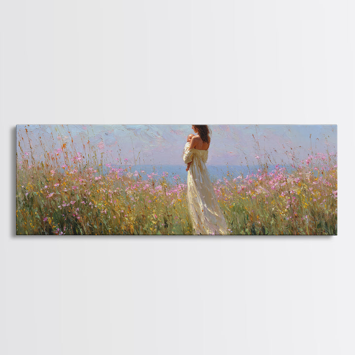 Mother Holding Baby In Open Wildflower Field Wall Art, Impressionist Landscape Canvas Print, Feminine Nursery Decor Gift