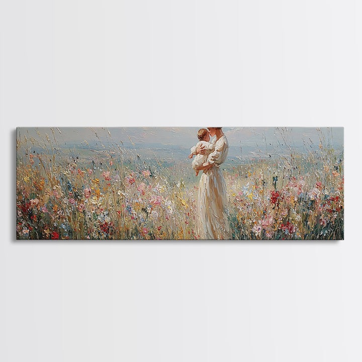 Mother And Baby In Wildflower Meadow Wall Art, Panoramic Canvas Print For Nursery Decor, Feminine Bedroom, Gift For Mom Art