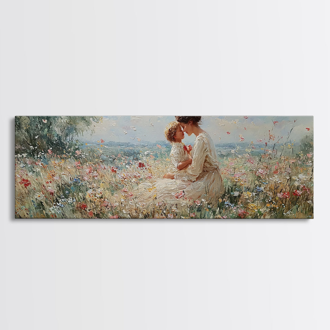 Mother Kissing Child In Butterfly Meadow Wall Art, Panoramic Framed Canvas Print, Floral Nursery Decor, New Mom Gift For Her