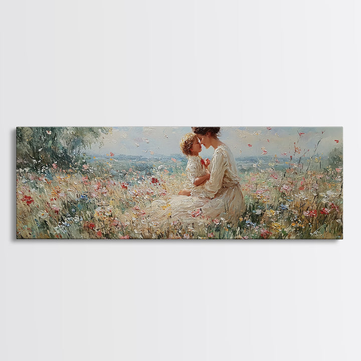 Mother Kissing Child In Butterfly Meadow Wall Art, Panoramic Framed Canvas Print, Floral Nursery Decor, New Mom Gift For Her