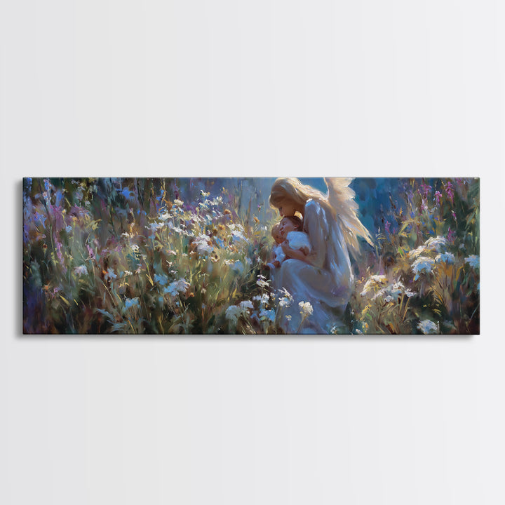 Angel Mother Holding Baby In Moonlit Flowers Wall Art, Spiritual Framed Canvas Print, Celestial Nursery Decor, Baptism Gift