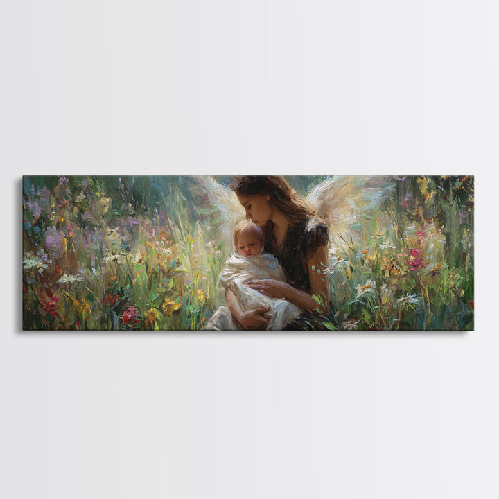 Guardian Angel Cradling Infant In Wildflower Meadow Wall Art, Celestial Canvas Print, Spiritual Nursery Decor, New Baby Gift