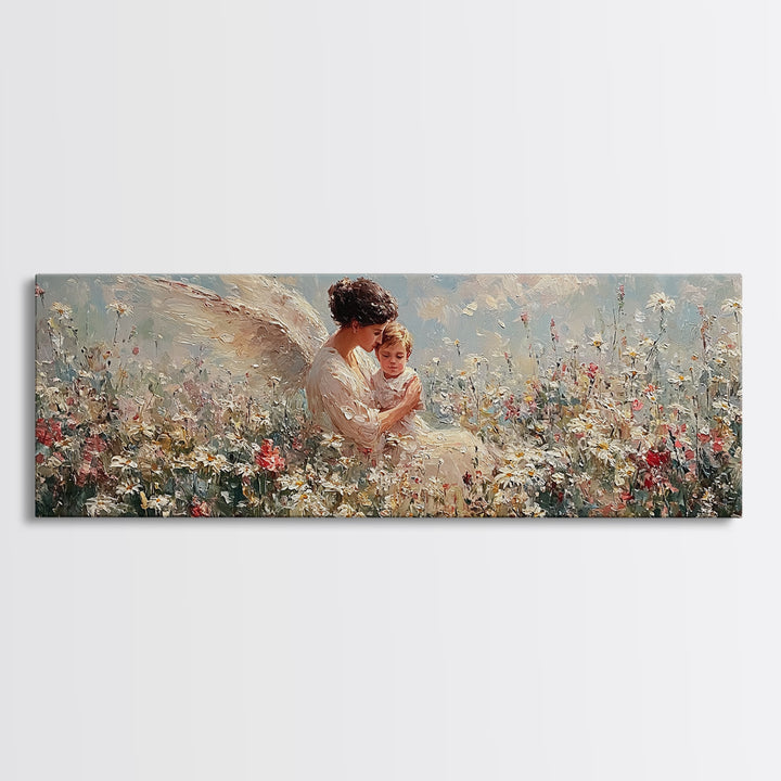 Angel Mother With Toddler In Daisy Meadow Wall Art, Panoramic Framed Canvas Print, Celestial Nursery Decor, Gift For Mom