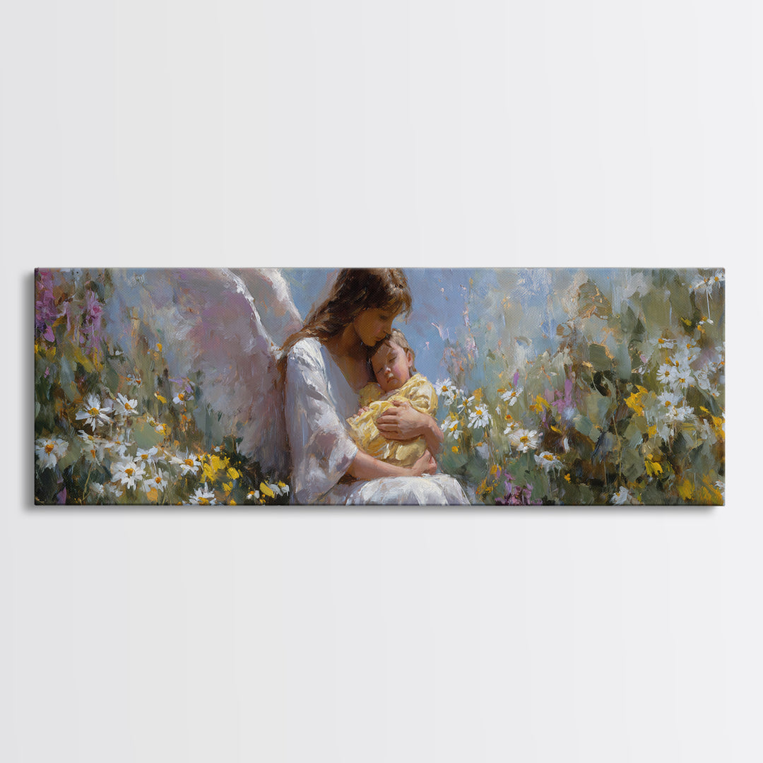Serene Mother And Baby In Wildflower Meadow Framed Canvas Print, Angel Nursery Art, Christian Wall Art, Gift For Mom, Home Decor