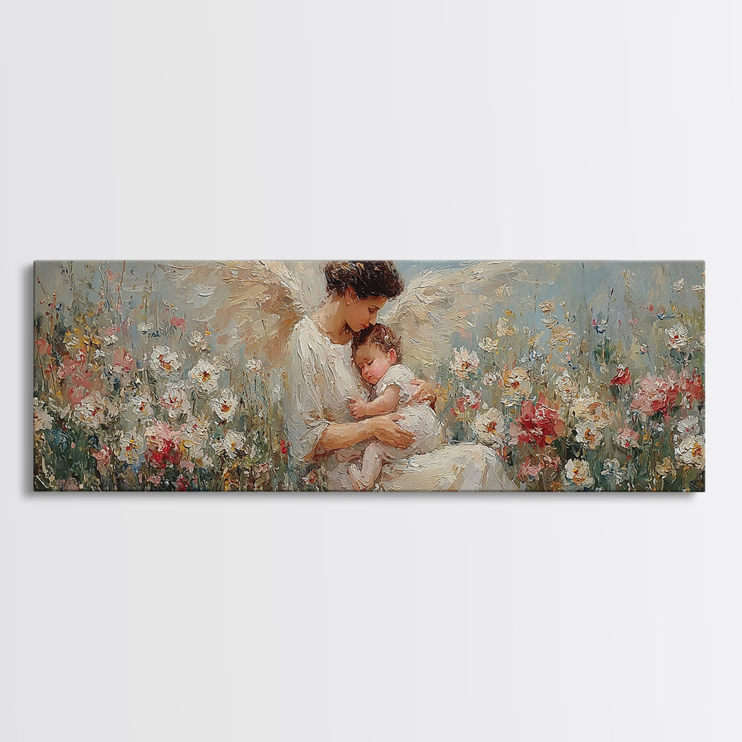 Tender Angel Mother Holding Baby In Flower Meadow Canvas Print, Christian Nursery Art, Mother's Day Gift, Peaceful Wall Art