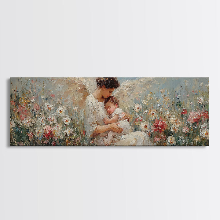 Tender Angel Mother Holding Baby In Flower Meadow Canvas Print, Christian Nursery Art, Mother's Day Gift, Peaceful Wall Art