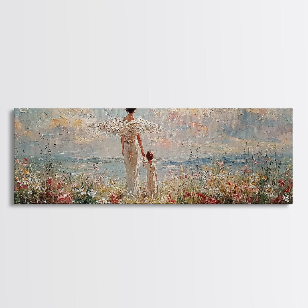 Angel Mother And Child Beside Ocean Meadow Large Wall Art, Coastal Christian Decor, Nursery Canvas Art, Housewarming Gift