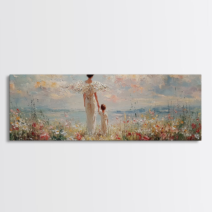 Angel Mother And Child Beside Ocean Meadow Large Wall Art, Coastal Christian Decor, Nursery Canvas Art, Housewarming Gift
