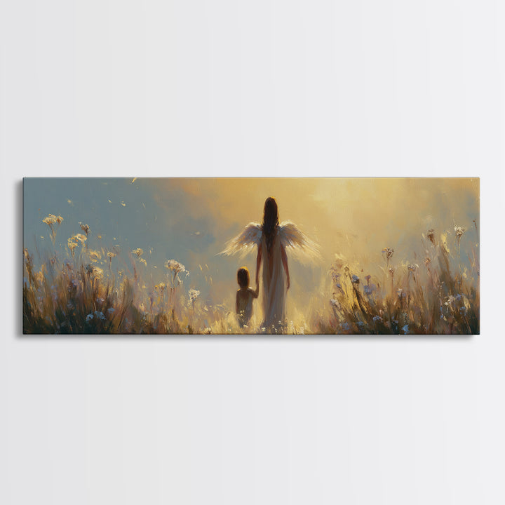 Golden Guardian Angel Walking With Child Through Meadow Canvas Print, Spiritual Wall Art, Nursery Decor, Gift For Mom, Home Decor