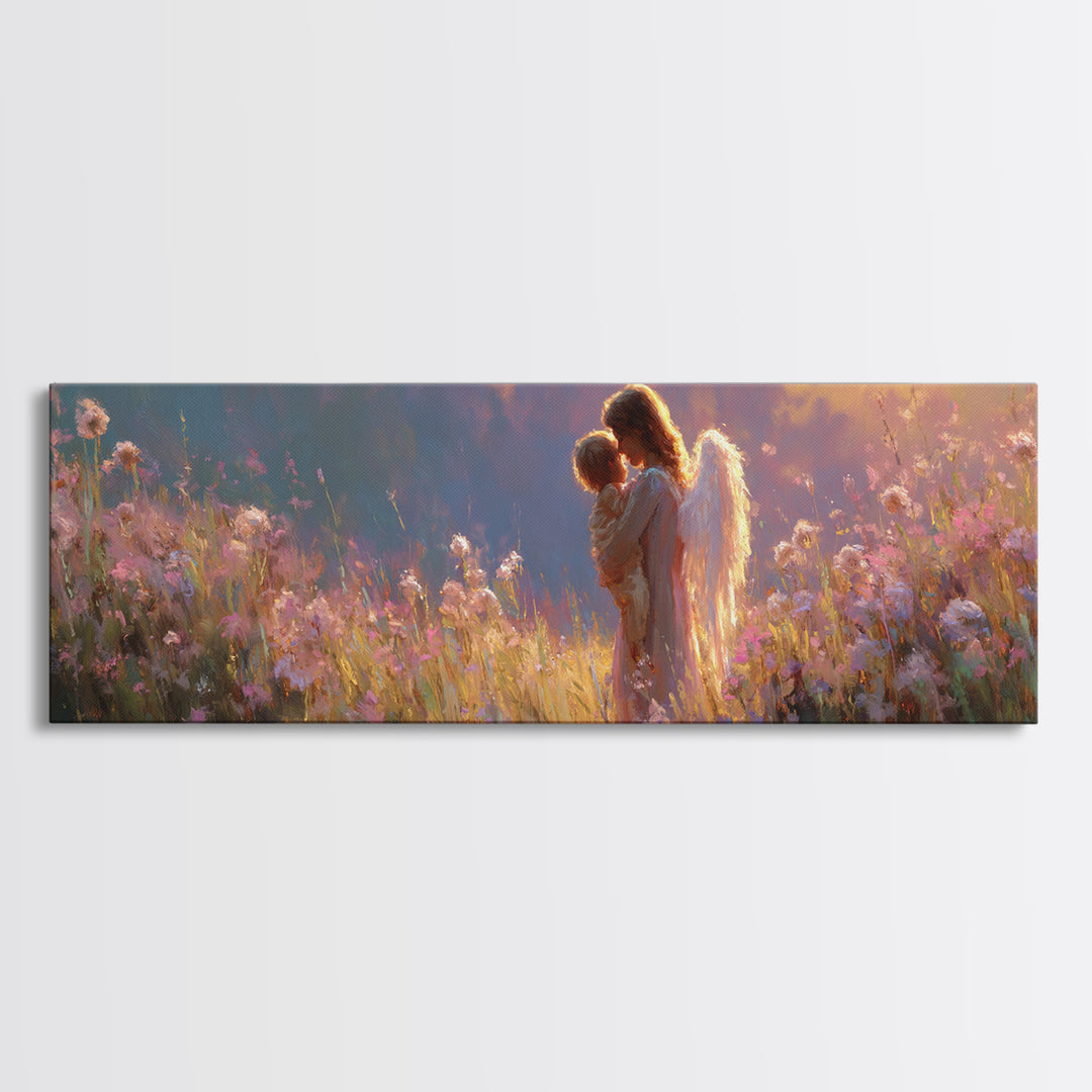 Glowing Angel Mother Cradling Child In Wildflower Meadow Framed Canvas Print, Christian Wall Art, Nursery Decor, Gift For Her