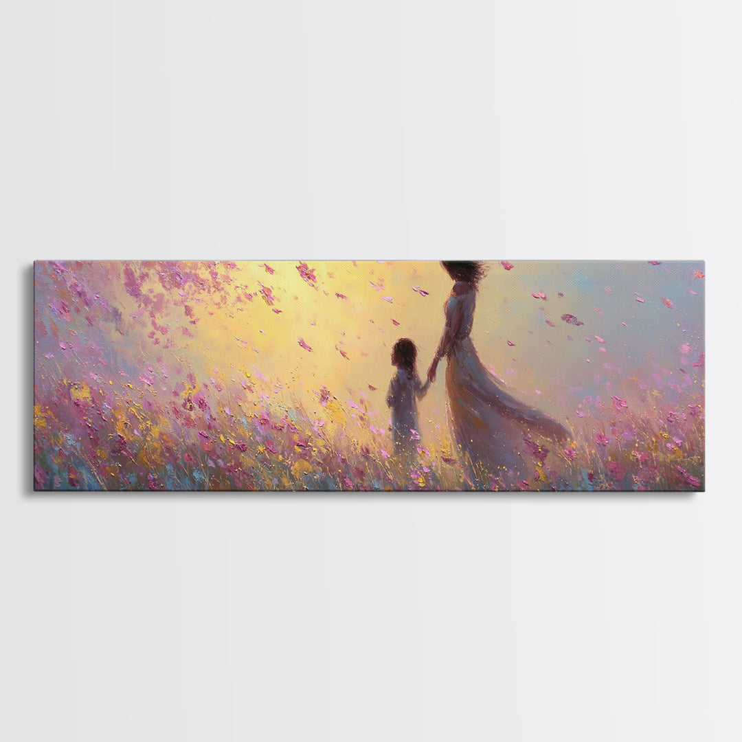Mother And Child Walking Through Pink Petal Meadow Canvas Print, Feminine Wall Art, Nursery Decor, Gift For Her, Home Decor