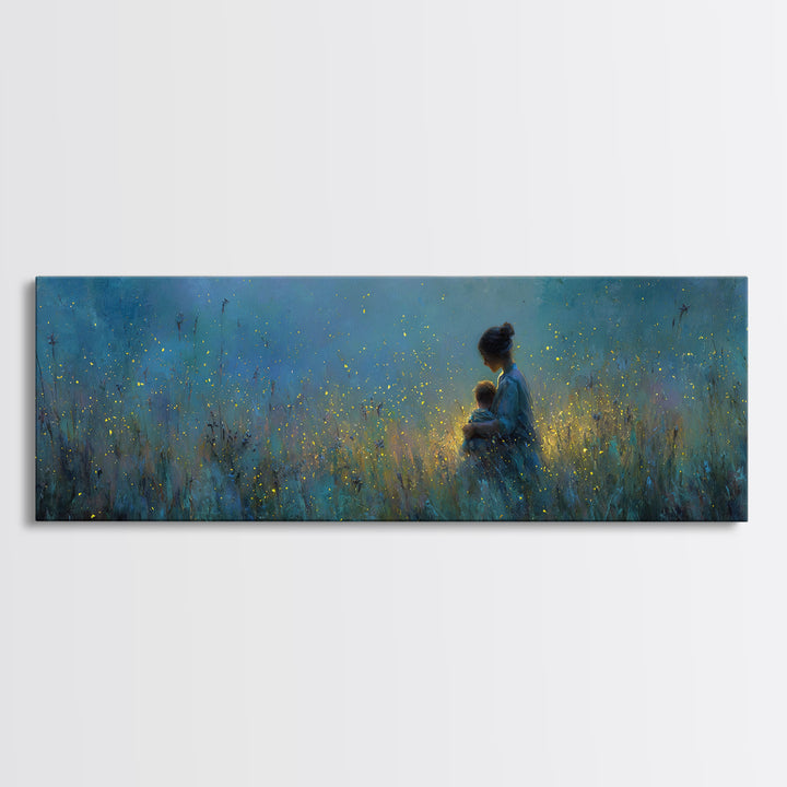 Twilight Mother Holding Baby Among Fireflies Canvas Print, Blue Nursery Wall Art, Calming Cozy Bedroom Decor, Gift For Mom