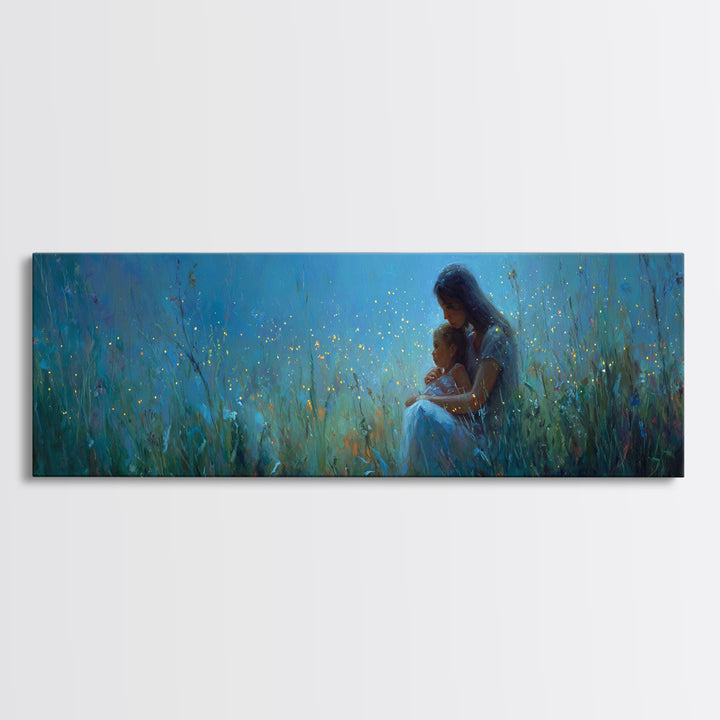Moonlit Mother And Child Sitting In Blue Meadow Framed Canvas Print, Celestial Wall Art, Nursery Decor, Gift For Mom, Home Decor