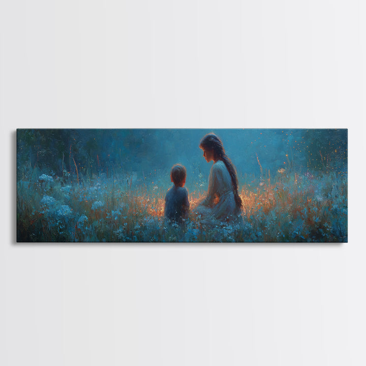 Blue Twilight Mother And Child In Wildflower Meadow Large Wall Art, Serene Nursery Decor, Christian Gift For Mom, Home Decor