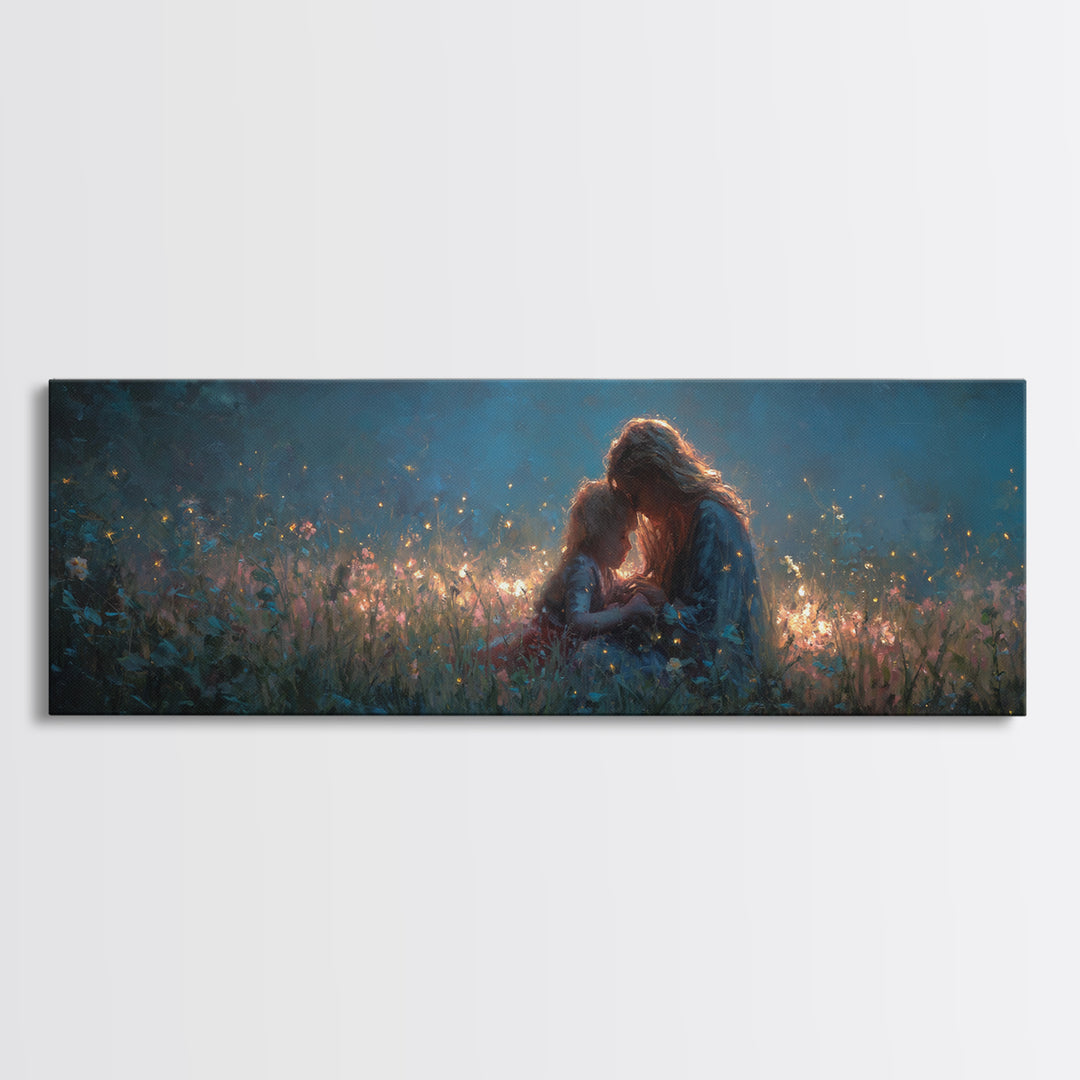 Twilight Mother And Child Wildflower Meadow Wall Art, Panoramic Canvas Print, Nursery Decor, Gift For Her, Above Bed Art