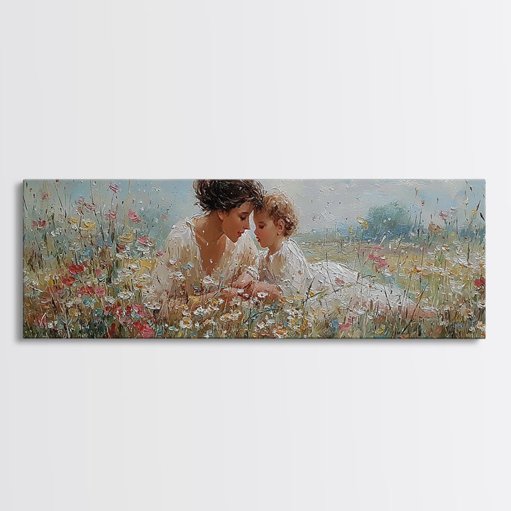 Mother And Baby In Blooming Garden Framed Canvas Print, Floral Wall Art, Nursery Decor, Gift For Mom, Living Room Wall Art