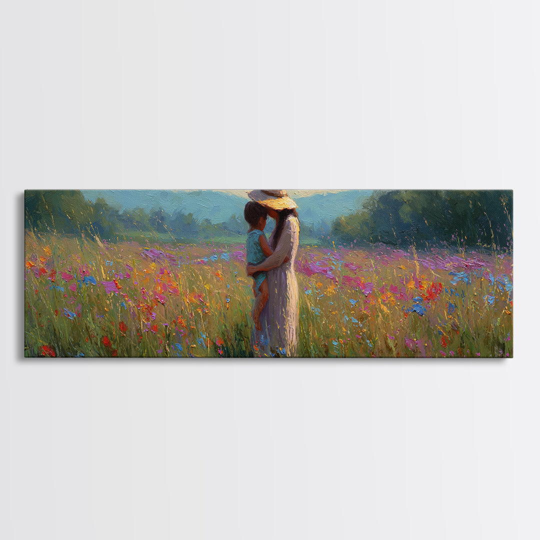 Mother And Child Embracing In Summer Meadow Wall Art, Colorful Canvas Print, Boho Wall Decor, Housewarming Gift, Bedroom Art