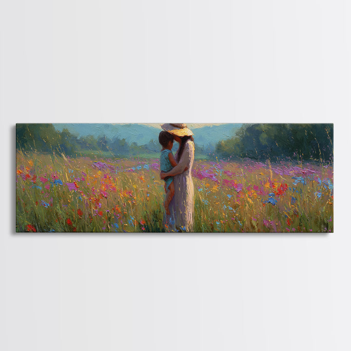 Mother And Child Embracing In Summer Meadow Wall Art, Colorful Canvas Print, Boho Wall Decor, Housewarming Gift, Bedroom Art