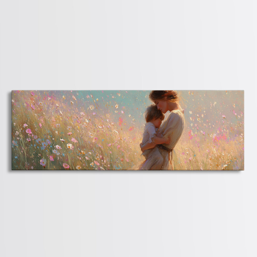 Golden Mother And Child In Pastel Wildflowers Canvas Print, Romantic Wall Art, Feminine Decor, Gift For Her, Above Bed Art
