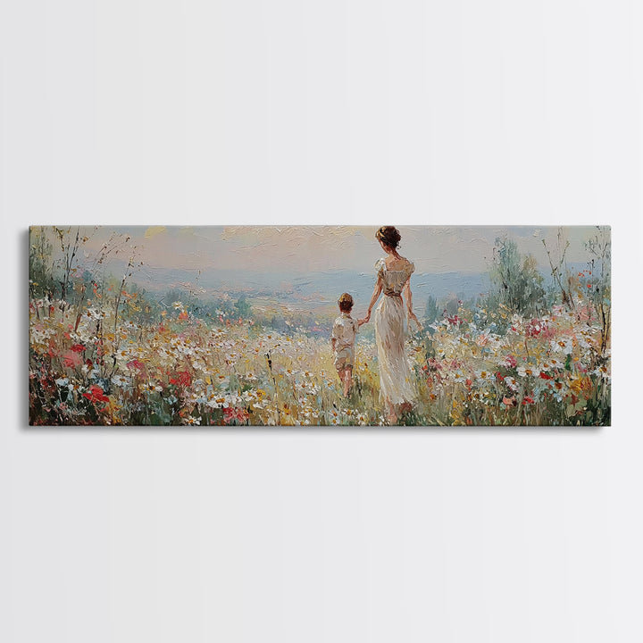 Mother And Child Walking Through Wildflower Meadow Wall Art, Panoramic Canvas Print, Coastal Decor, Nursery Art, Gift For Mom