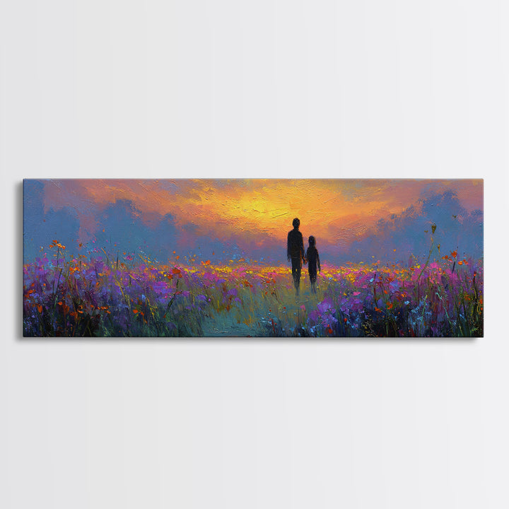 Father And Child Sunset Meadow Wall Art, Wildflower Landscape Canvas Print, Guardian Angel Gift, Nursery And Living Room Decor