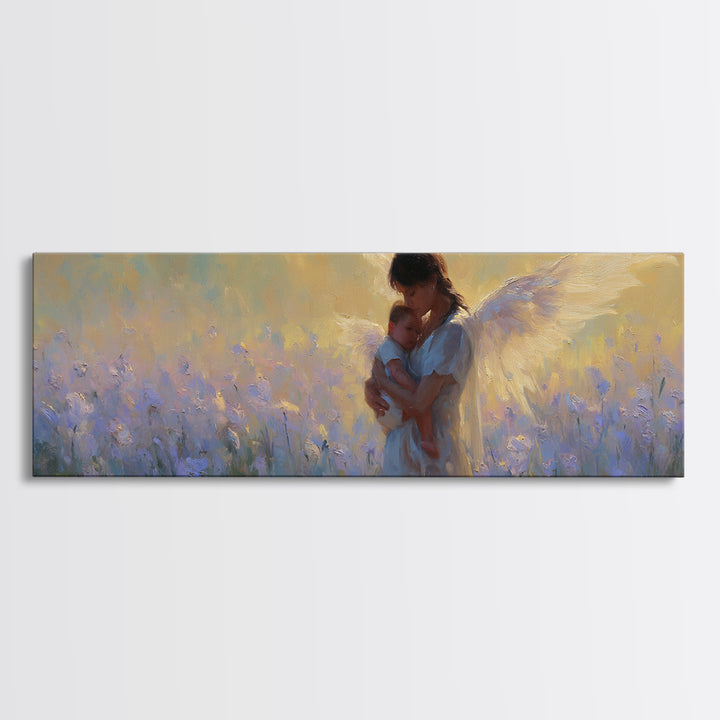 Guardian Angel Mother And Baby In Lavender Field Framed Canvas Print, Christian Wall Art, Nursery Decor, Gift For Mom, Home Decor