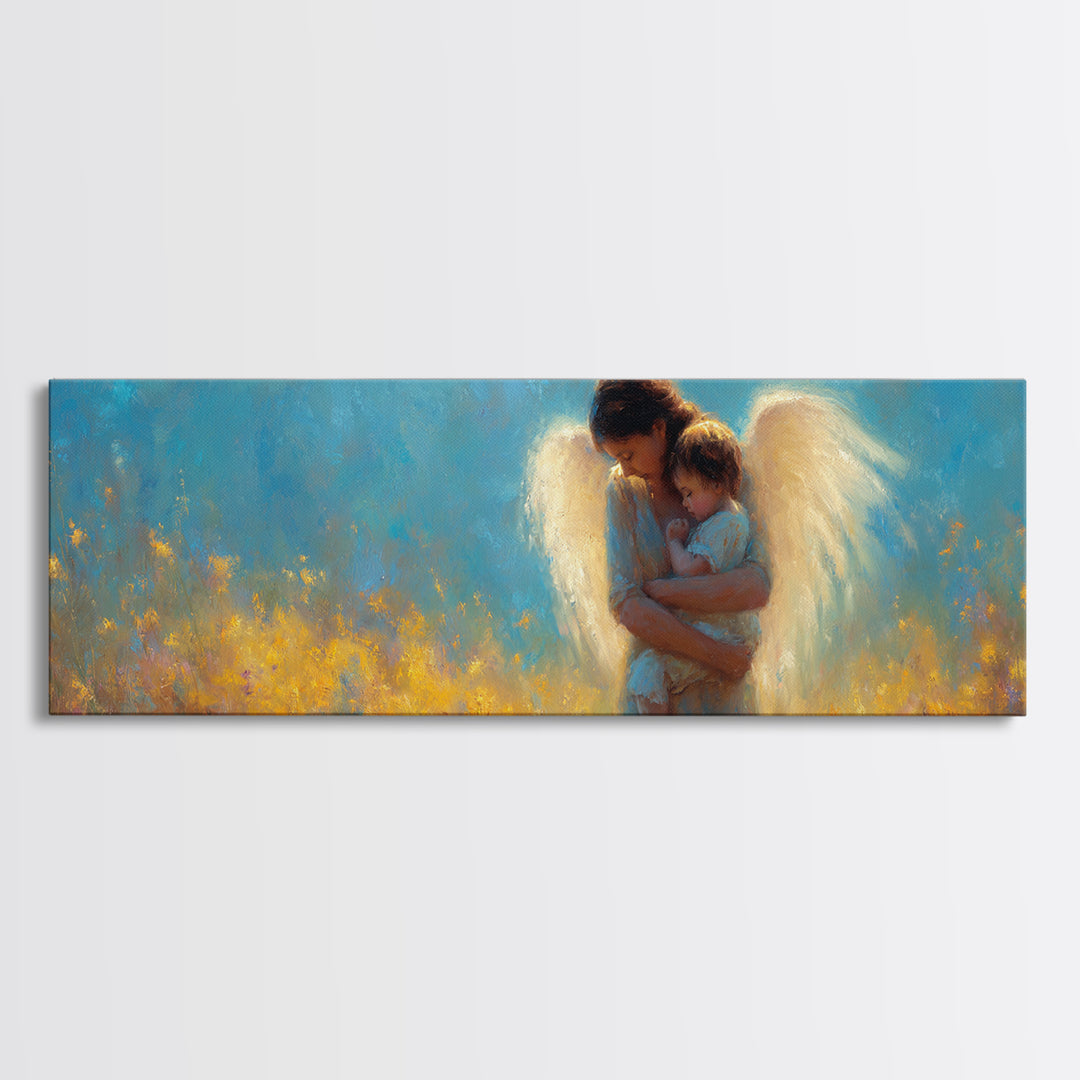 Golden Guardian Angel With Child Canvas Print, Blue Sky Wildflower Wall Art, Christian Nursery Decor, Spiritual Gift For Mom