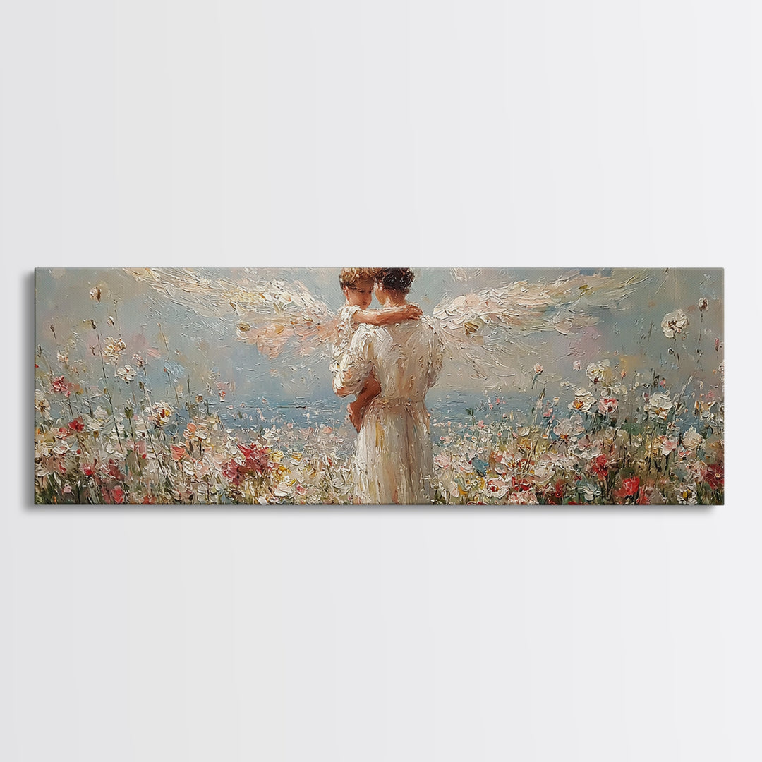Angel Mother Embracing Child In Flower Garden Wall Art, Textured Oil Painting Framed Canvas Print, Christian Home Decor Gift
