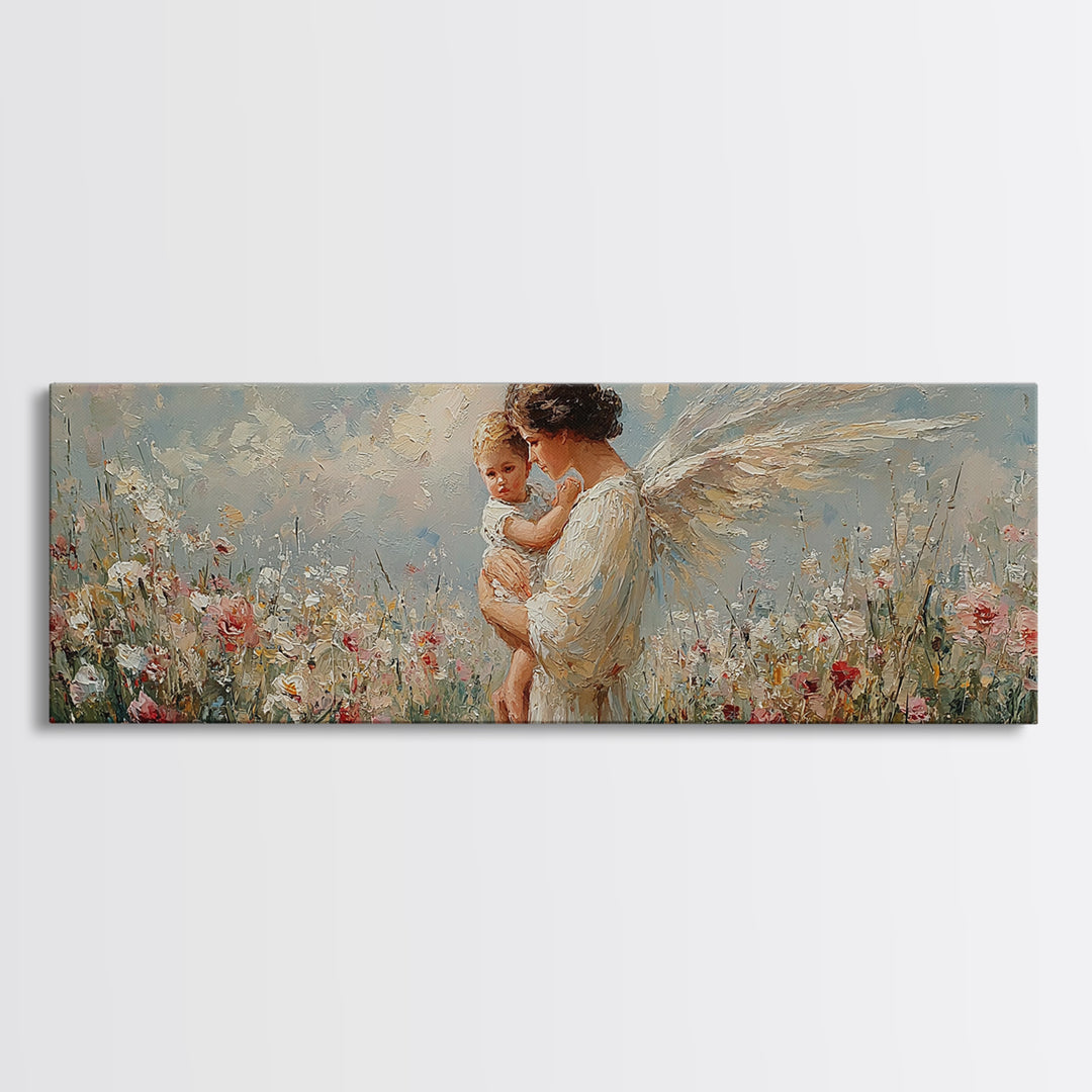 Angel Mother Holding Baby In Floral Meadow Canvas Print, Christian Wall Art, Guardian Angel Nursery Decor, Gift For Mom And Baby Shower Gift