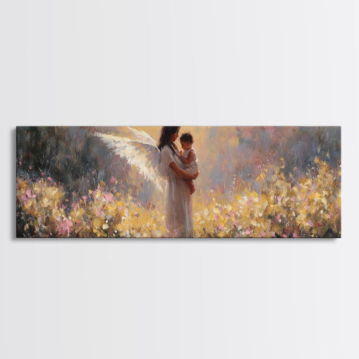 Glowing Angel Mother And Child In Flower Field Wall Art, Impressionist Framed Canvas Print, Christian Nursery Decor Gift
