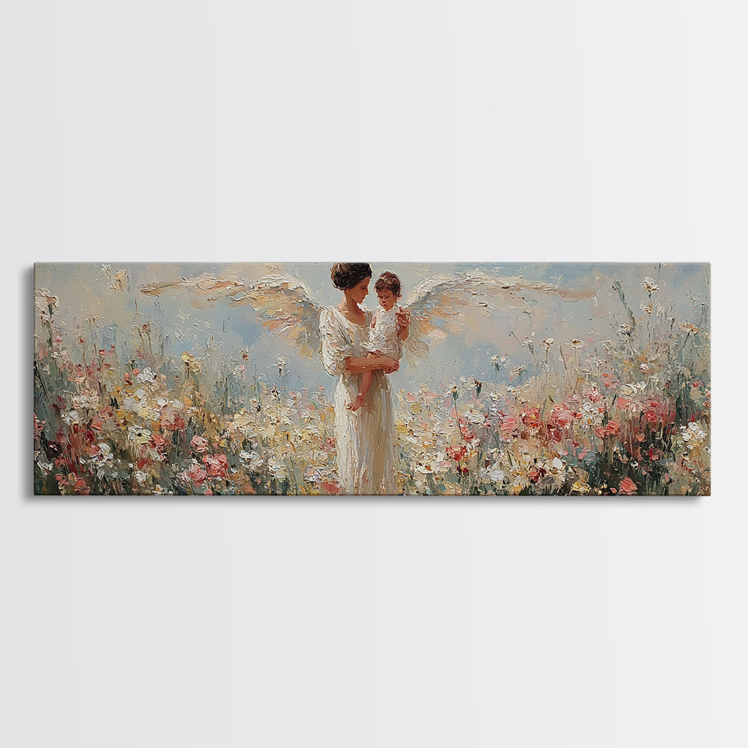 Angel Mother And Child Among White Flowers Framed Canvas Print, Christian Wall Art, Guardian Angel Nursery Decor, Gift For Mom