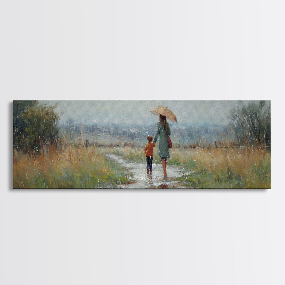 Mother And Child Walking In Rain Wall Art, Umbrella Country Path Landscape Canvas Print, Rustic Farmhouse Home Decor Gift