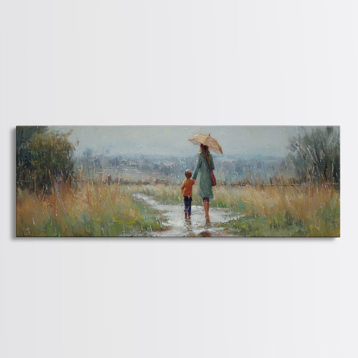 Mother And Child Walking In Rain Wall Art, Umbrella Country Path Landscape Canvas Print, Rustic Farmhouse Home Decor Gift
