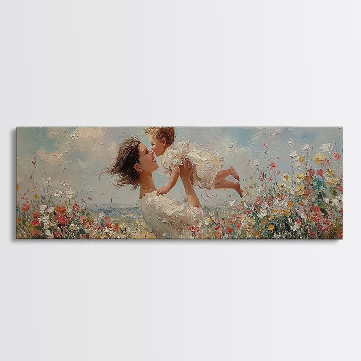 Mother And Baby In Wildflower Meadow Framed Canvas Print, Impressionist Nursery Wall Art, Gift For Mom, Bedroom Wall Decor