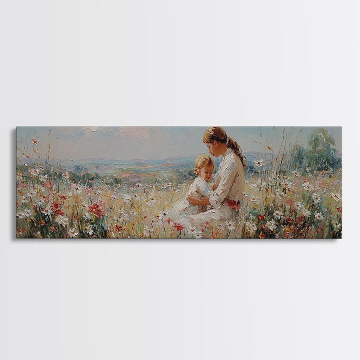 Mother And Toddler In Sunny Wildflower Meadow Framed Canvas Print, Impressionist Wall Art, Nursery Decor, Gift For Mom, Home Decor
