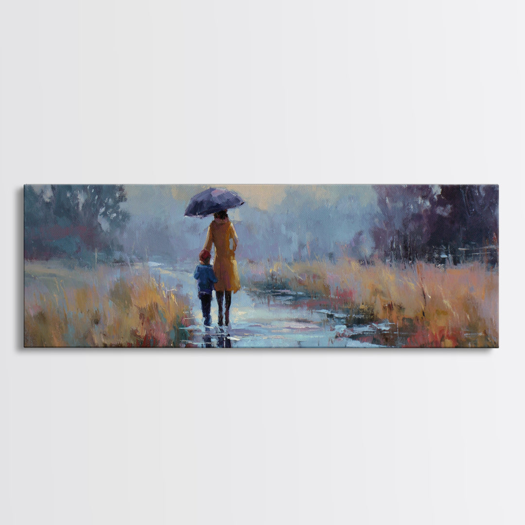 Mother And Child Walking In Rain With Blue Umbrella Framed Canvas Print, Moody Landscape Wall Art, Office Decor, Housewarming Gift