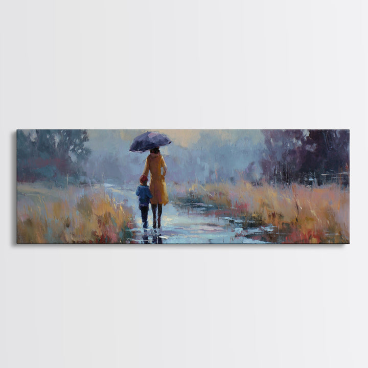 Mother And Child Walking In Rain With Blue Umbrella Framed Canvas Print, Moody Landscape Wall Art, Office Decor, Housewarming Gift