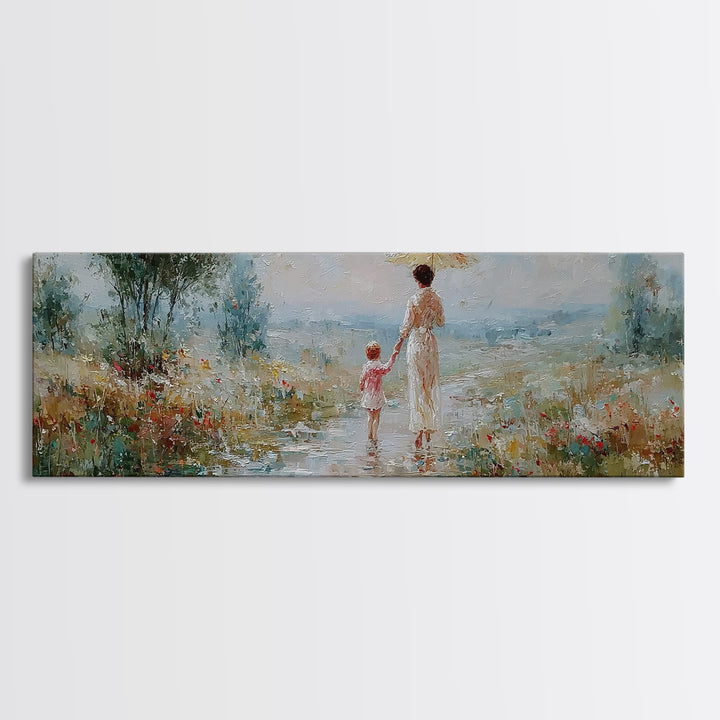 Mother And Child Strolling With Parasol In Misty Meadow Canvas Print, Impressionist Wall Art, Nursery Decor, Housewarming Gift