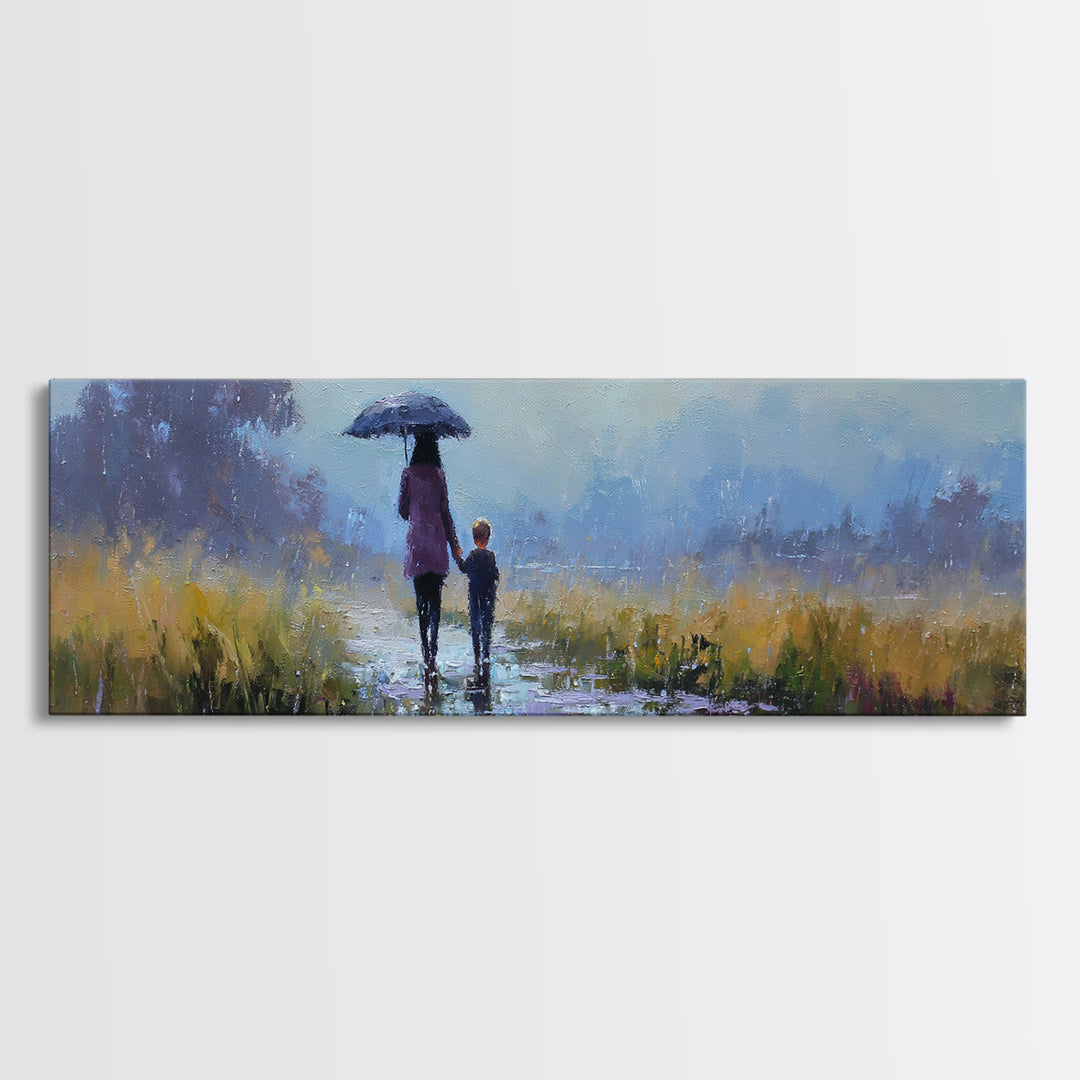 Mother And Son Under Blue Umbrella On Rainy Path Framed Canvas Print, Moody Landscape Wall Art, Bedroom Decor, Gift For Her