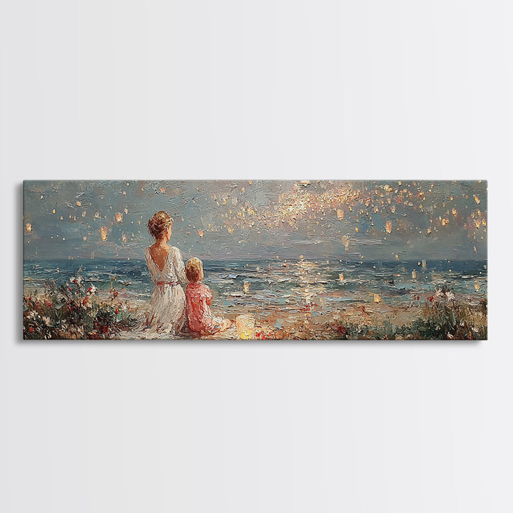 Mother And Child By Ocean Sunset Wall Art, Coastal Seascape Canvas Print, Nursery Decor, Living Room Decor, Gift For Mom, Home Decor
