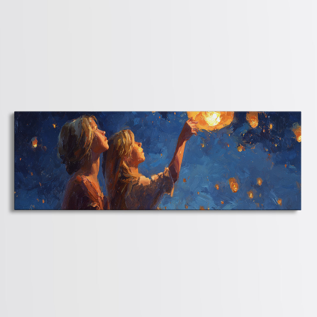 Girls Releasing Lanterns At Starry Night Canvas Print, Celestial Wall Art, Whimsical Decor, Bedroom Decor, Gift For Her, Home Decor
