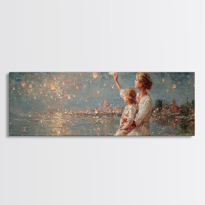 Mother And Baby Lantern Festival Framed Canvas Print, Coastal Wall Art, Romantic Decor, Nursery Art, Housewarming Gift For Her