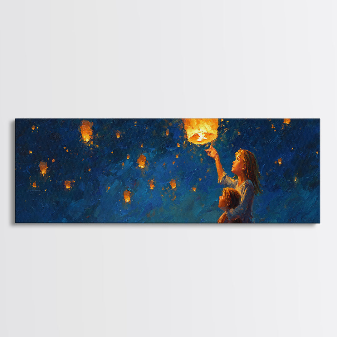 Children Lifting Glowing Sky Lantern Canvas Print, Celestial Wall Art, Kids Room Decor, Whimsical Decor, Nursery Art, Gift For Kids