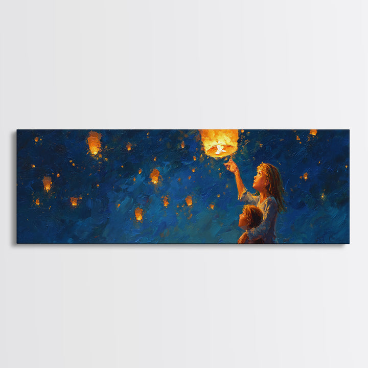 Children Lifting Glowing Sky Lantern Canvas Print, Celestial Wall Art, Kids Room Decor, Whimsical Decor, Nursery Art, Gift For Kids