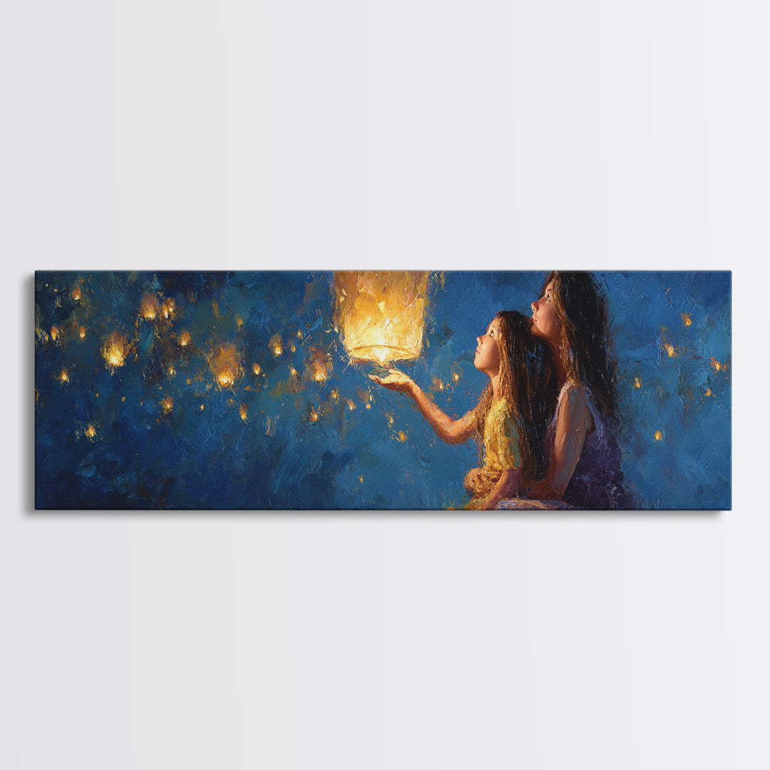 Sisters Holding Lantern Under Blue Night Wall Art, Celestial Canvas Print, Whimsical Decor, Bedroom Wall Art, Gift For Her