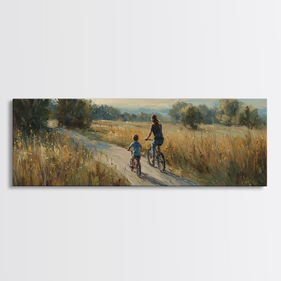 Mother And Child Biking Golden Meadow Canvas Print, Country Landscape Wall Decor, Housewarming Gift, Farmhouse Home Decor