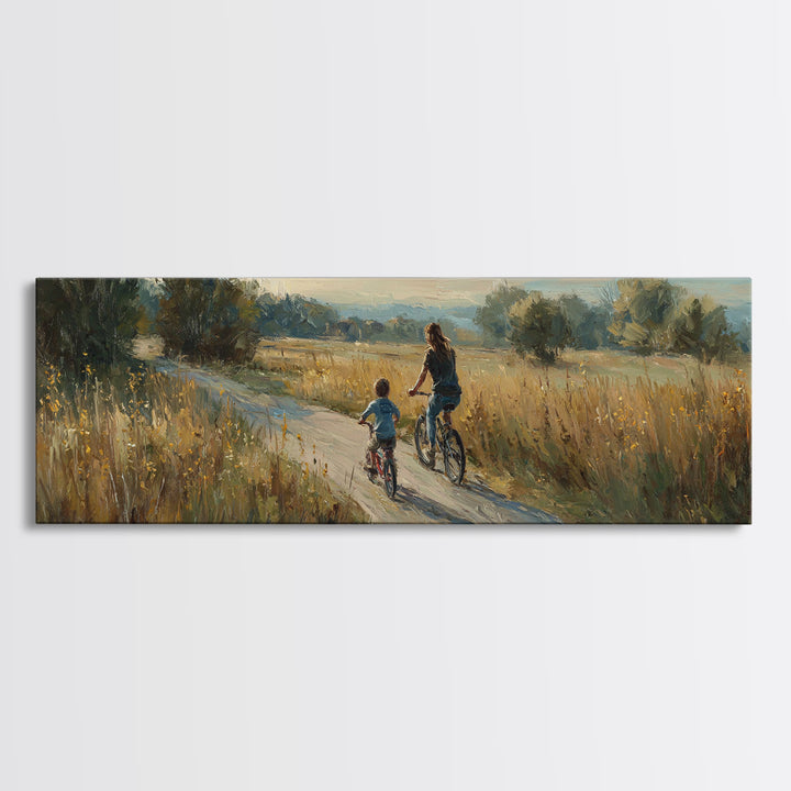 Mother And Child Biking Golden Meadow Canvas Print, Country Landscape Wall Decor, Housewarming Gift, Farmhouse Home Decor