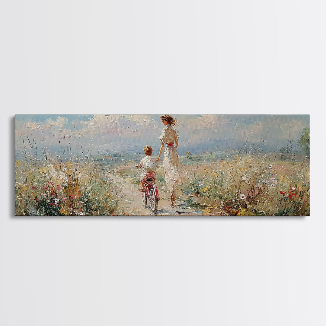 Windy Coastal Bike Ride With Child Canvas Print, Wildflower Meadow Wall Decor, Beach House Decor, Large Horizontal Art Print